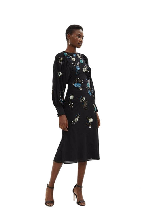 Jacques Vert Black Mid Dress With Blouson Sleeve & Embellishment BCC03474