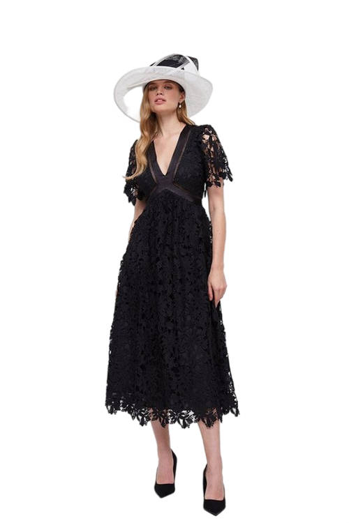 Jacques Vert Black Midi Lace Dress With Satin V-neck ​ BCC03438