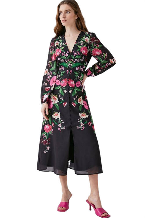 Jacques Vert Black Mirror Photo Floral Button Through Midi Dress BCC04114