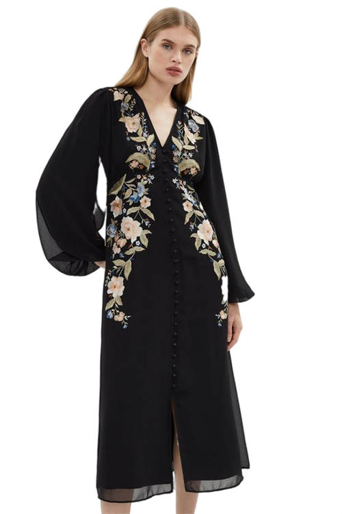 Jacques Vert Black Mirrored Orchid Button Through Midi Dress BCC03794