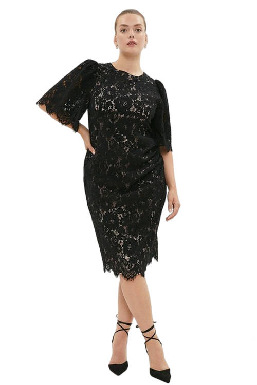 Jacques Vert Black_Nude Plus Size Lace Flare Sleeve Pencil Dress BCC02709