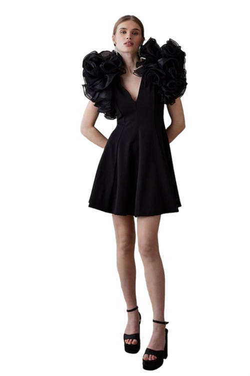 Jacques Vert Black Organza Ruffle Sleeve Crepe Mini Dress BCC04577