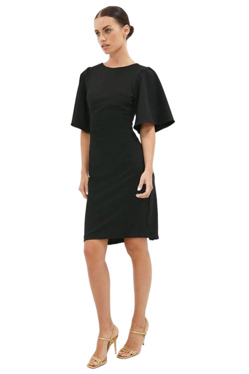 Jacques Vert Black Petite Flare Sleeve Ruche Midi Dress BCC00391