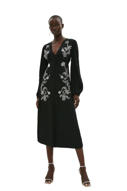 Jacques Vert Black Petite Mirrored Orchid Button Through Dress BCC03731