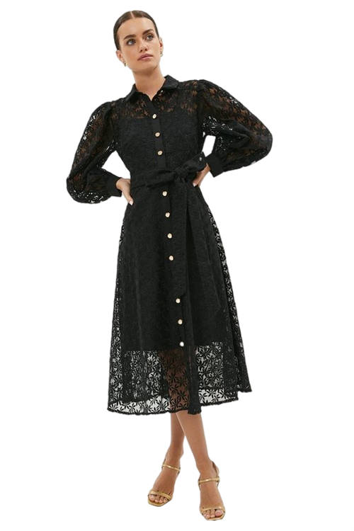 Jacques Vert Black Petite Organza Long Sleeve Midi Shirt Dress BCC03511