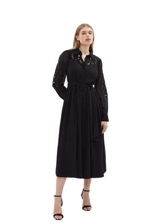 Jacques Vert Black Placed Cutwork Midi Georgette Shirt Dress BCC03470