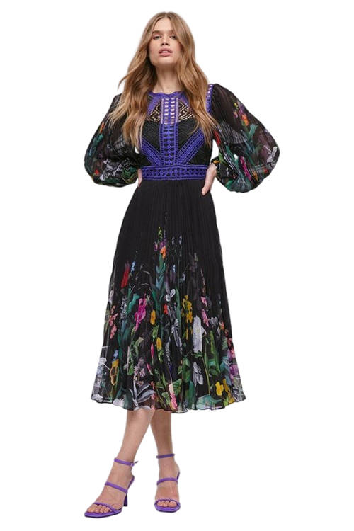 Jacques Vert Black Placement Floral Trimmed Bodice Midi Dress BCC04513