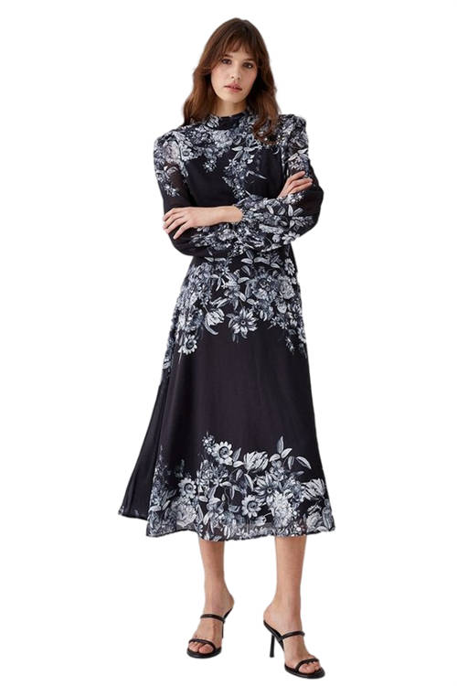 Jacques Vert Black Placement Print Volume Sleeve Midi Dress BCC04541