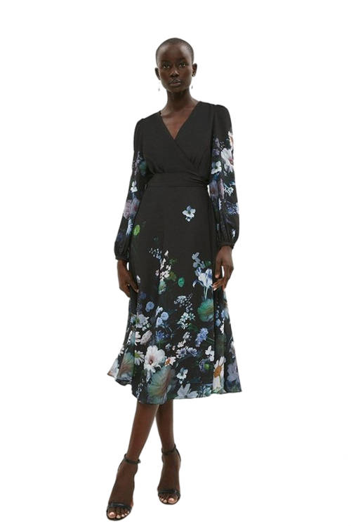 Jacques Vert Black Placement Winter Floral Hem Sweep Wrap Dress BCC04149