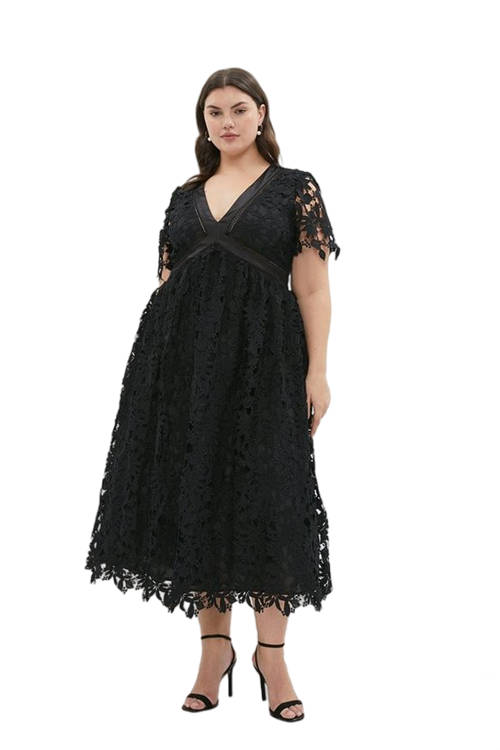 Jacques Vert Black Plus Midi Lace Dress With Satin V-neck ​ BCC04193