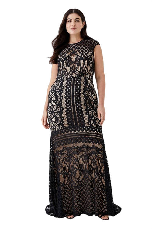 Jacques Vert Black Plus Size Cap Sleeve Lace Fishtail Hem Maxi Dress BCC05217