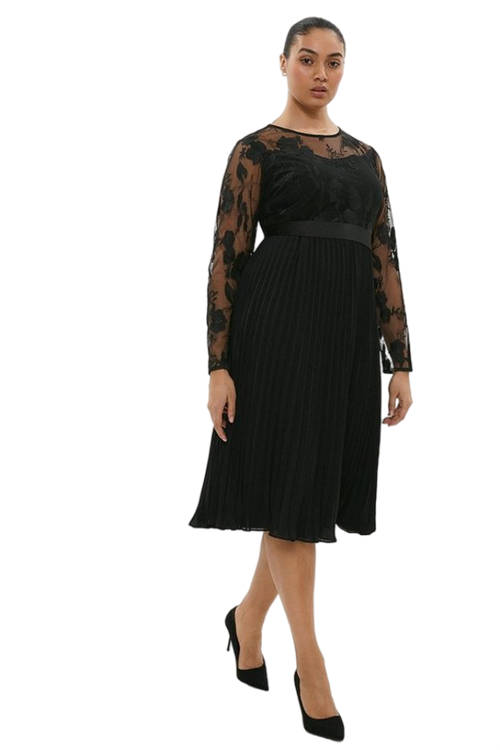 Jacques Vert Black Plus Size Embroidered Pleated Skirt Midi Dress BCC00430