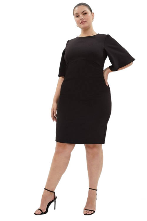 Jacques Vert Black Plus Size Flare Sleeve Ruche Waist Midi Dress BCC00373