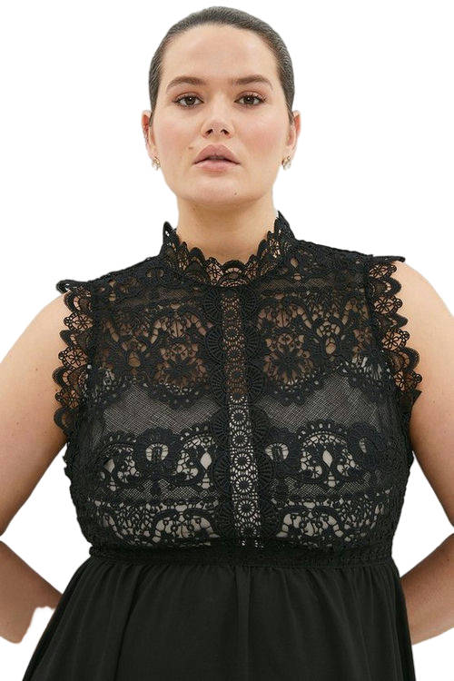 Jacques Vert Black Plus Size Lace Bodice Double Georgette Midi Dress BCC01761