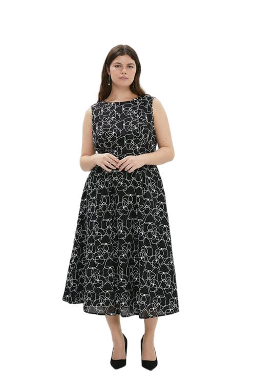 Jacques Vert Black Plus Size Metallic Floral Embroidered Full Skirted Midi Dress BCC03176