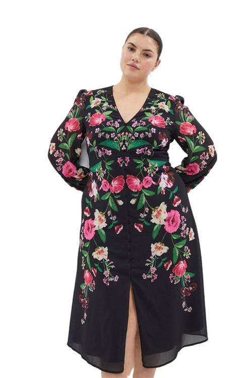 Jacques Vert Black Plus Size Mirrored Floral Button Through Midi BCC04115