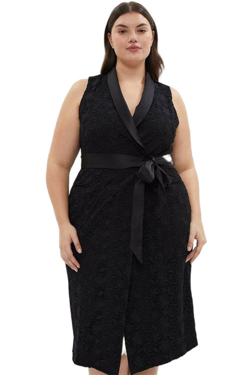 Jacques Vert Black Plus Size Premium Lace Tuxedo Wrap Midi Dress BCC03167