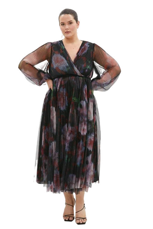 Jacques Vert Black Plus Size Printed Mesh Pleated Wrap Dress BCC03136