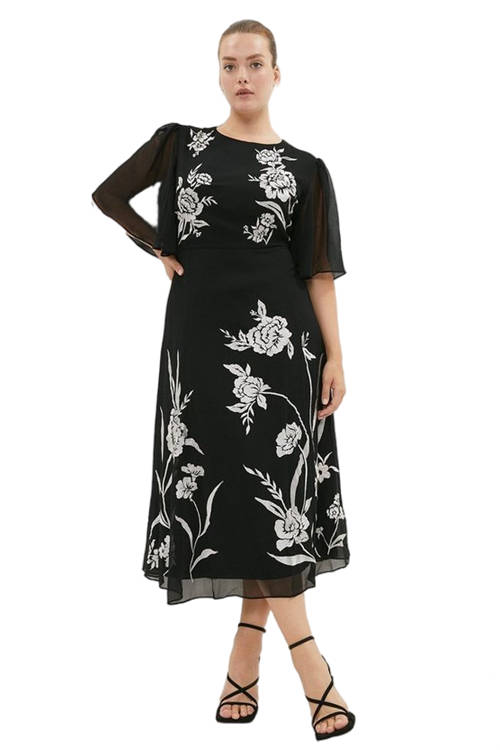 Jacques Vert Black Plus Size Trailing Peony Embroidered Dress BCC02760