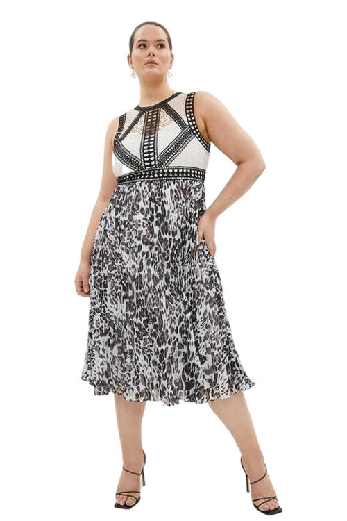 Jacques Vert Black Plus Size Trimmed Bodice Printed Skirt Dress BCC02065