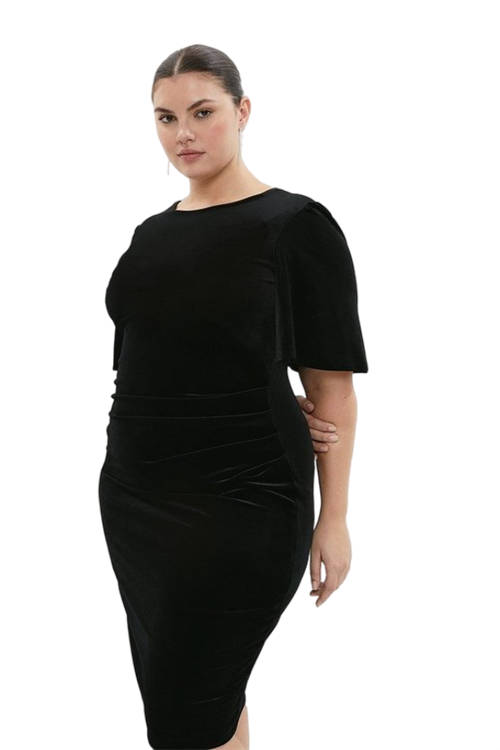 Jacques Vert Black Plus Size Velvet Flare Sleeve Sculpting Dress BCC03428