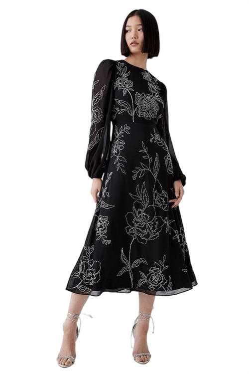 Jacques Vert Black Premium Beadwork Floral Midi Dress BCC04072