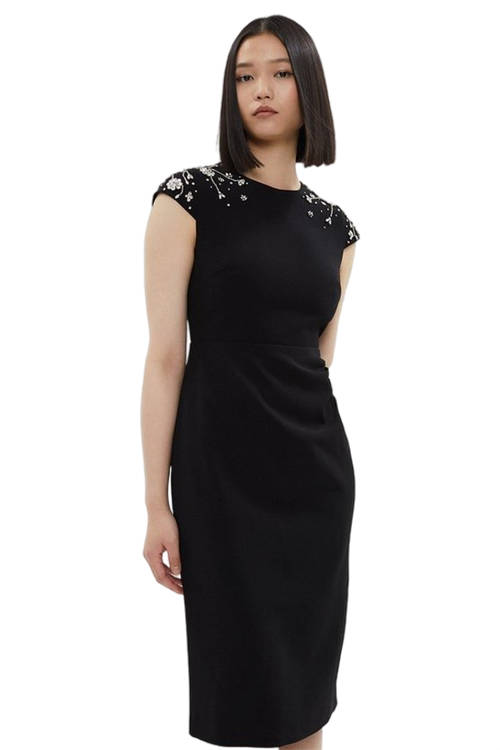 Jacques Vert Black Premium Crepe Ruched Side Embellished Midi Dress BCC00939