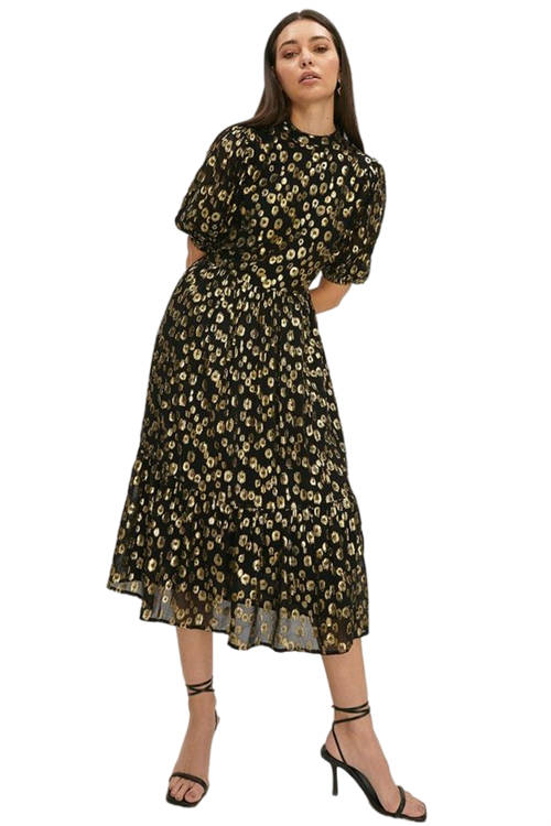 Jacques Vert Black Premium Gold Fleck Button Back Midi Dress ACC03456