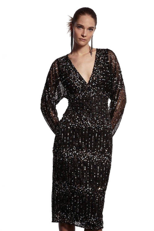 Jacques Vert Black Premium Hand Embellished Gold Sequin Midi Dre BCC03737