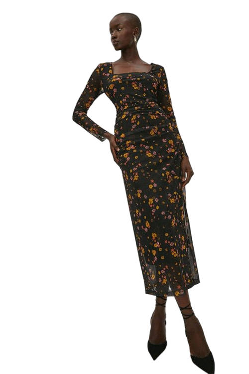 Jacques Vert Black Printed Mesh Ruche Side Midi Dress ACC03355