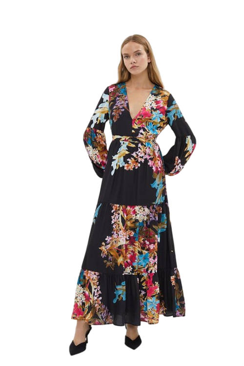 Jacques Vert Black Printed Plunge Tiered Midaxi Dress BCC02943