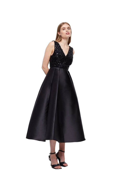 Jacques Vert Black Sequin Lace Bodice Twill Skirt Midi Dress BCC04253