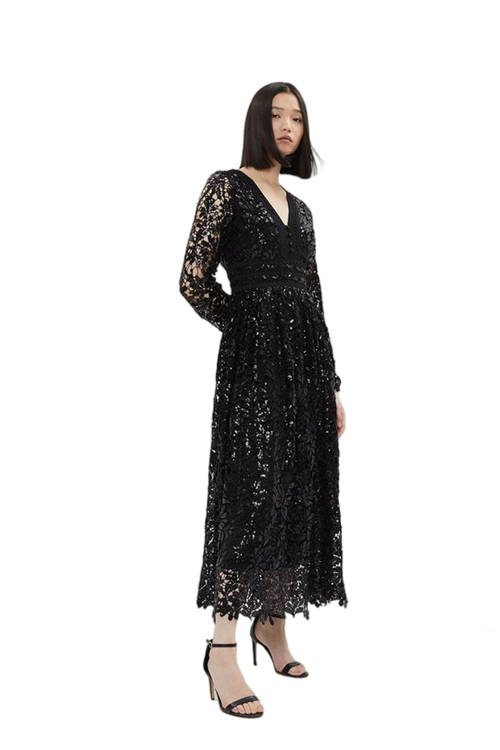 Jacques Vert Black Sequin Lace Button Front Midi Dress BCC03996