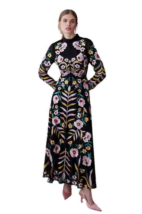 Jacques Vert Black Statement Mirrored Floral Embroidered Maxi Dress BCC03939