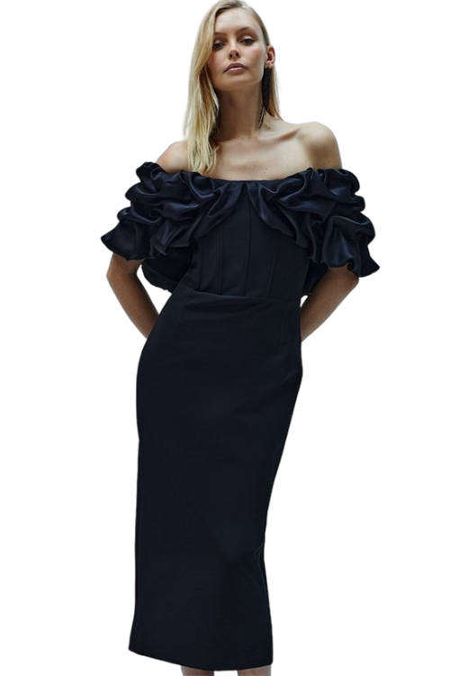 Jacques Vert Black Structured Oversized Ruffle Sleeve Midi Dress BCC03834