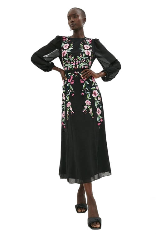 Jacques Vert Black Trailing Poppy Embroidered Midi Dress BCC02773