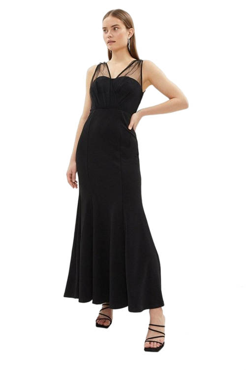 Jacques Vert Black V Neck Sheer Over Layer Fishtail Maxi Dress BCC01207