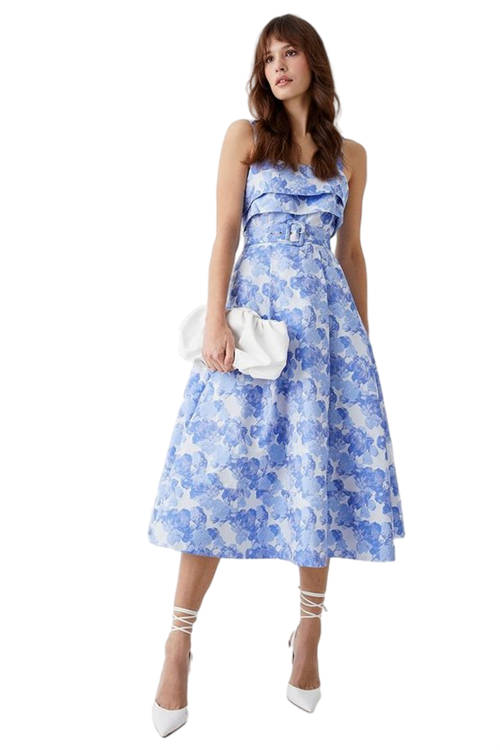 Jacques Vert Blue Belted Cami Top Midi Dress In Jacquard BCC04991