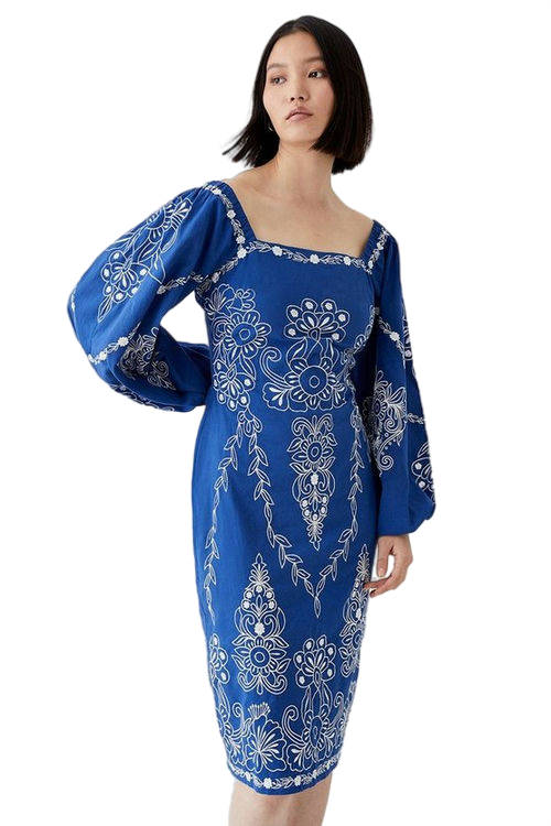 Jacques Vert Blue Contrast Embroidered Square Neck Midi Dress BCC05383