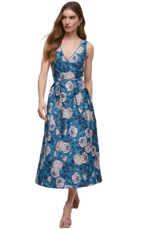 Jacques Vert Blue Cross Front Jacquard Midi Dress BCC04487