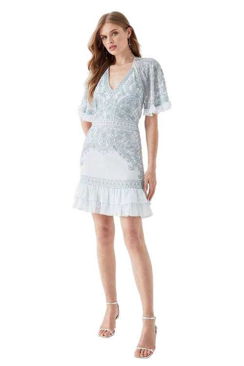 Jacques Vert Blue Embellished Cape V Neck Mini Dress BCC05427