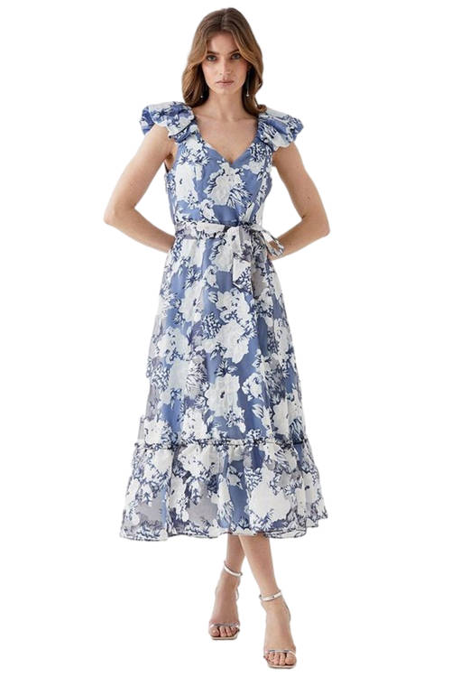 Jacques Vert Blue Floral Organza Midi Dress With Frill Hem & V Neck BCC05005