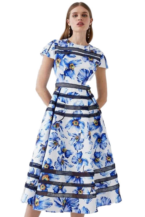 Jacques Vert Blue Geo Lace Trim Printed Midi Dress In Twill BCC04841