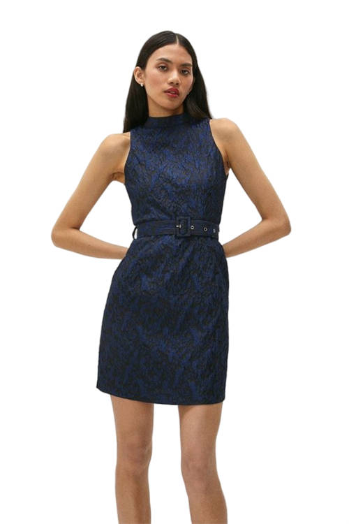 Jacques Vert Blue High Neck Mini Dress With Belt ACC02860