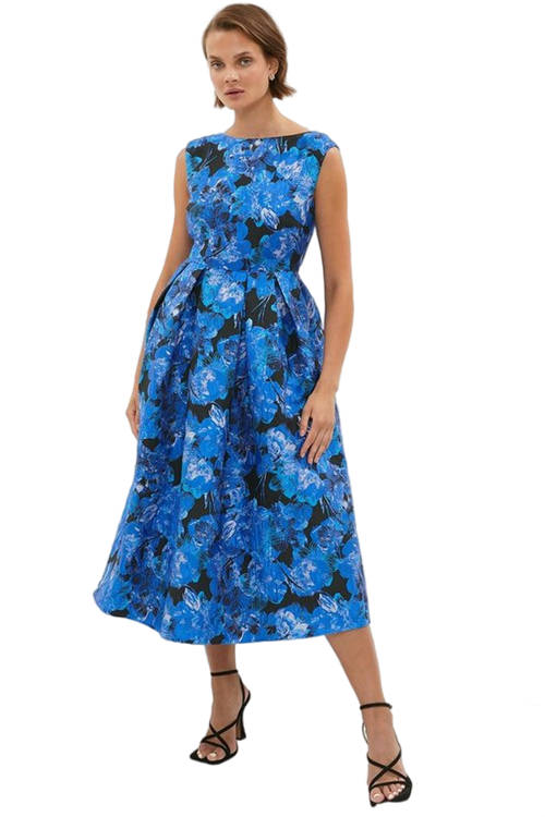 Jacques Vert Blue Jacquard Dress With V Back BCC03920