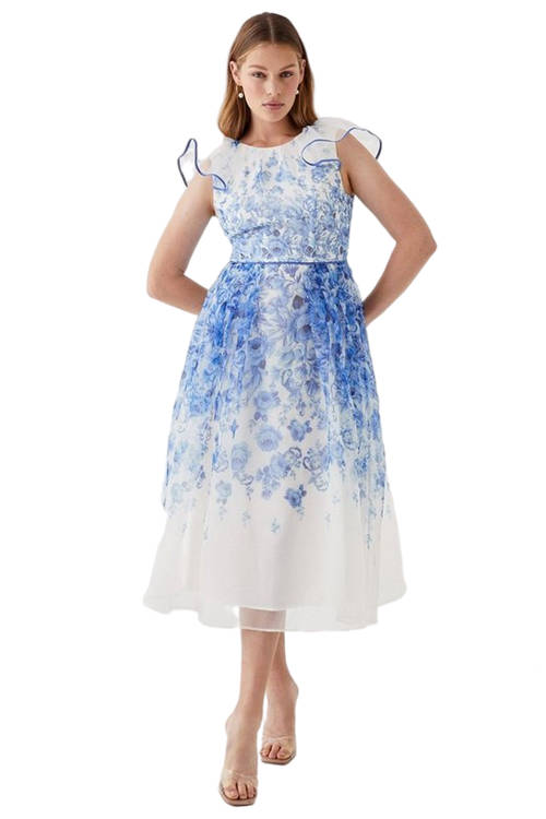 Jacques Vert Blue Organza Frill Sleeve Midi Dress BCC05524