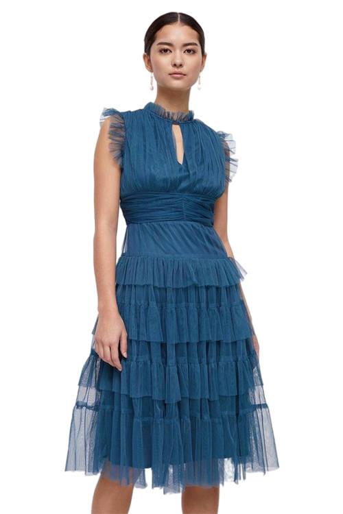 Jacques Vert Blue Petite Tulle Tiered Frill Sleeve Dress BCC00280