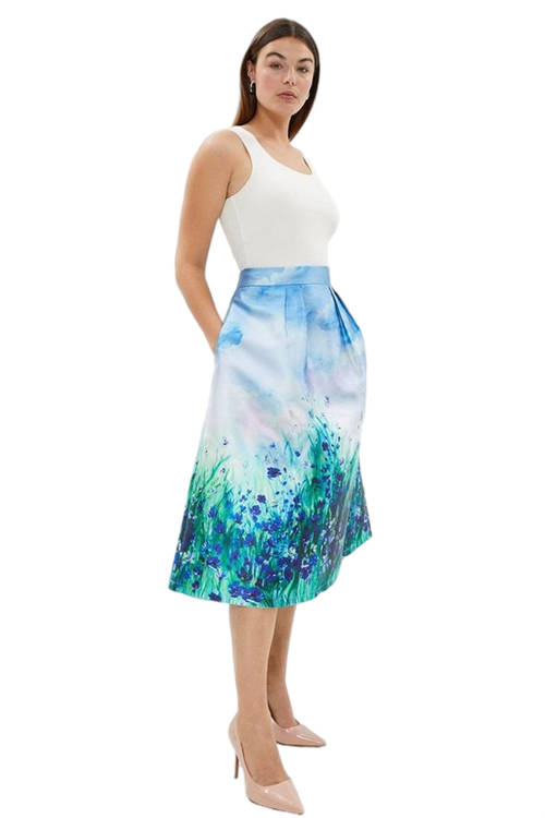 Jacques Vert Blue Plus Size Meadow Print Twill Midi Skirt BCC02037