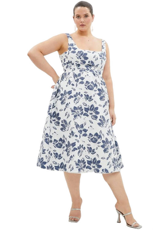 Jacques Vert Blue Plus Size Premium Jacquard Corset Midi Dress​ BCC02809