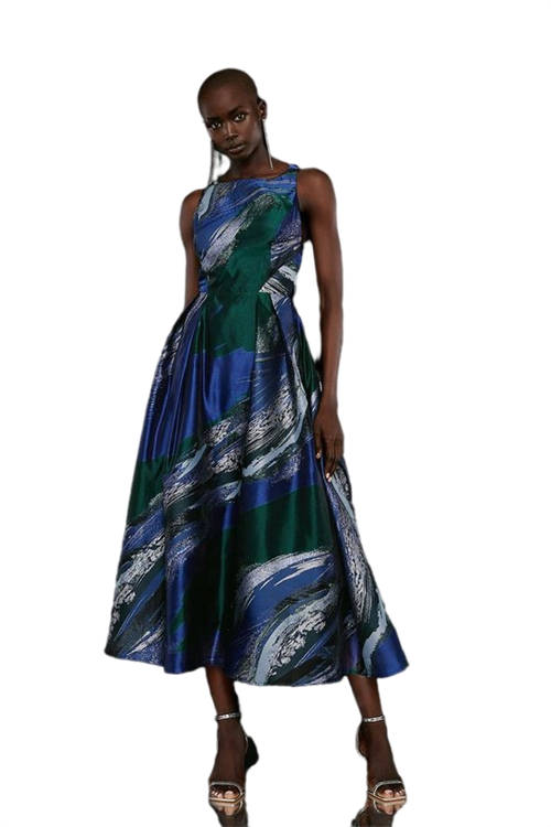 Jacques Vert Blue Premium Metallic Abstract Jacquard Midi Dress BCC03820